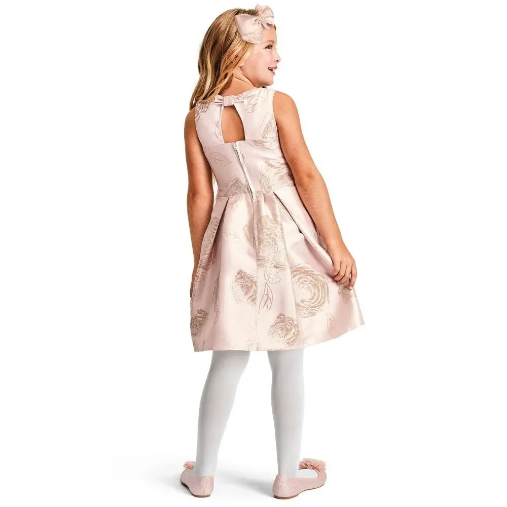 Girls Pink Rose Gold Brocade Jacquard Formal Flower Roses Dress Size 4t